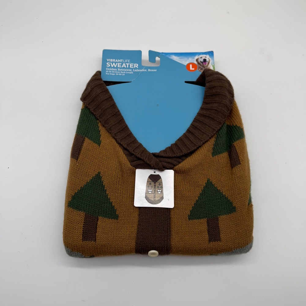 Vibrant Life Dog Sweater Large Brown Pine Tree Raccoon Knit Pet Cardigan NEW